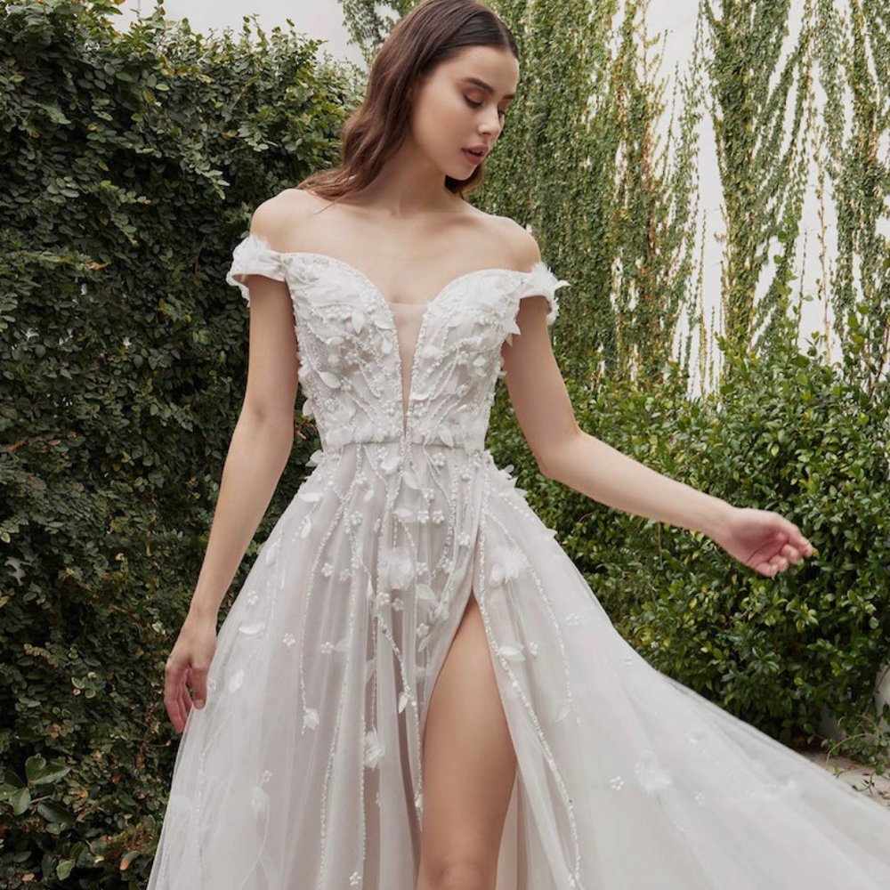 Off the Shoulder Blossom Wedding A-Line Gown With Leg Slit